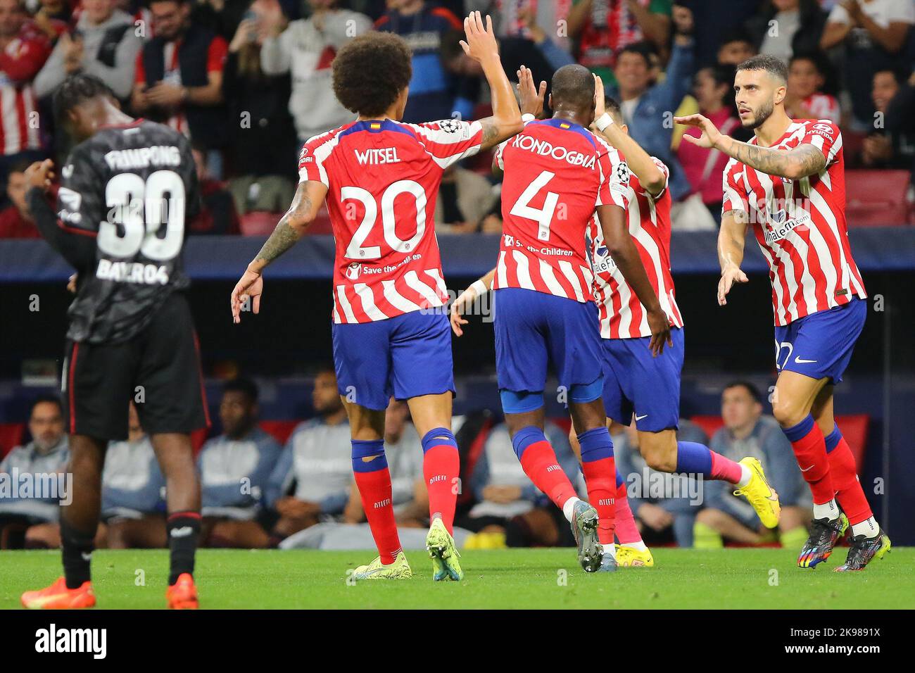 Atletico players celebrate during Champions League Match Day 5 between Atletico de Madrid and Bayern Leverkusen at Civitas Metropolitano Stadium in Madrid, Spain, on October 26, 2022. Stock Photo