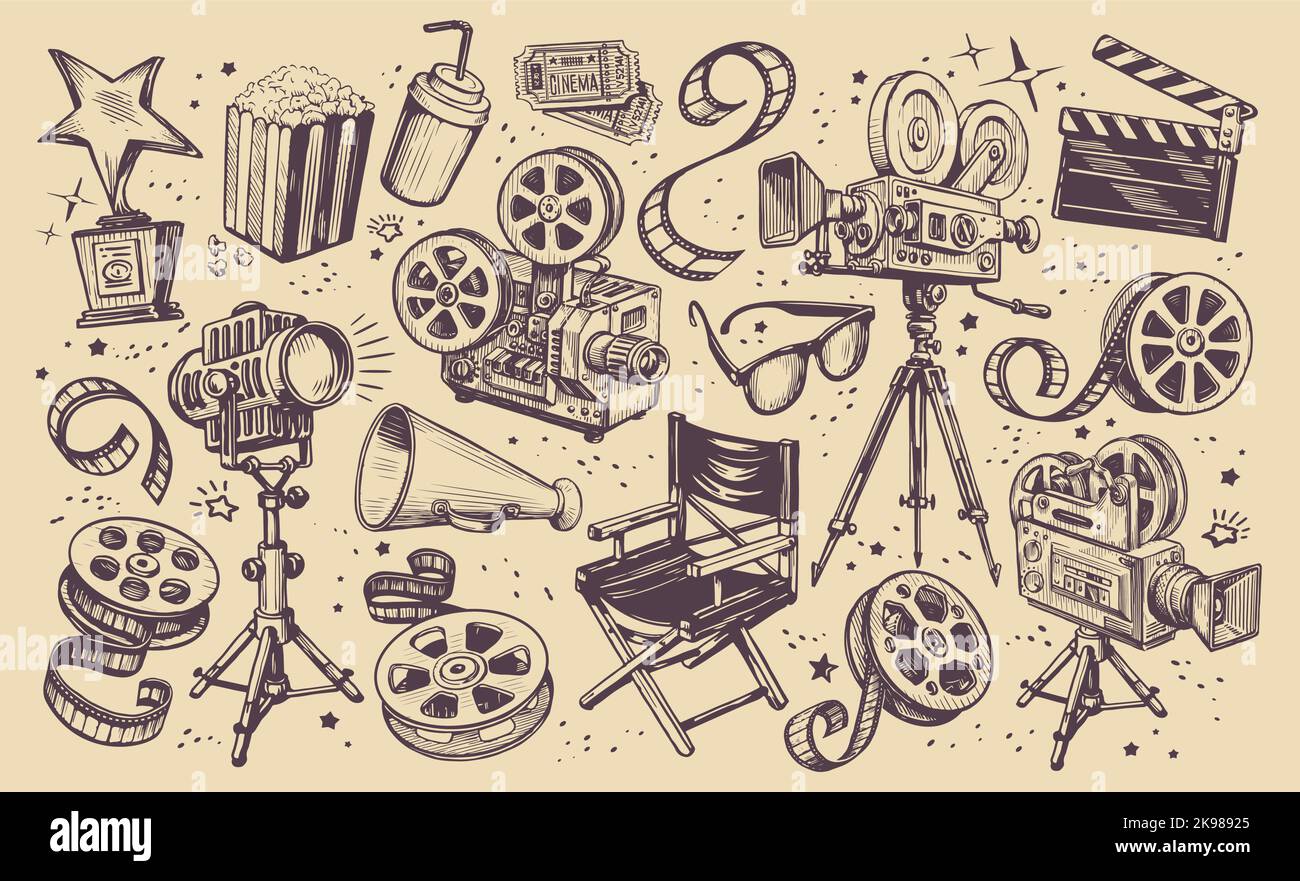Cinema production collection. Film industry retro concept. Set elements