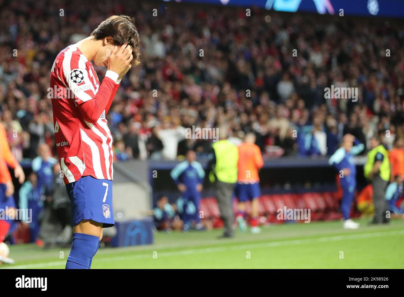 Atletico´s Saul reacts after missed penalty during Champions League Match Day 5 between Atletico de Madrid and Bayern Leverkusen  at Civitas Metropolitano Stadium in Madrid, Spain, on October 26, 2022. Stock Photo