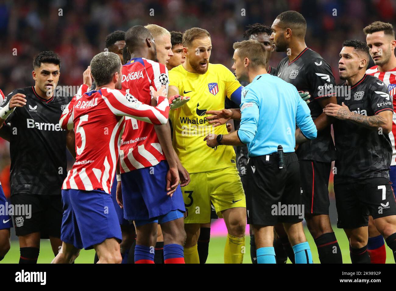 Players brawl during Champions League Match Day 5 between Atletico de Madrid and Bayern Leverkusen  at Civitas Metropolitano Stadium in Madrid, Spain, on October 26, 2022. Stock Photo