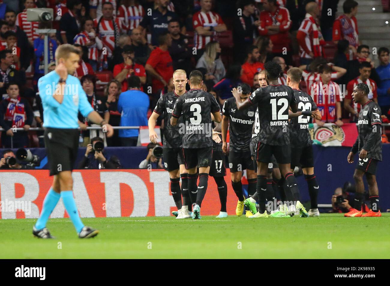 Bayer players celebrate during Champions League Match Day 5 between Atletico de Madrid and Bayern Leverkusen at Civitas Metropolitano Stadium in Madrid, Spain, on October 26, 2022. Stock Photo