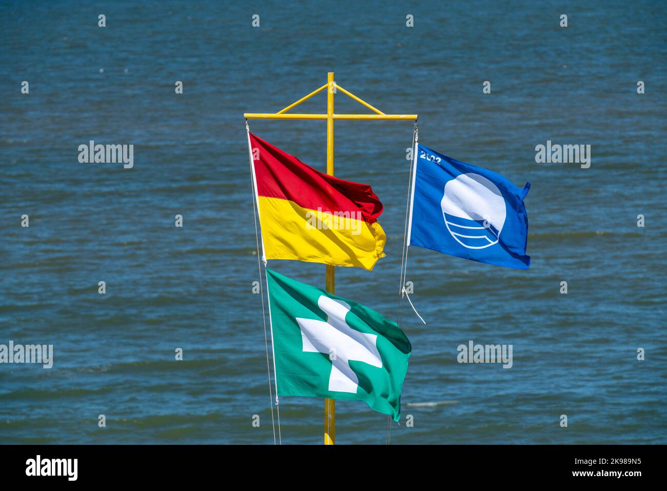 Local bathing beach, Domburg in Zeeland, seaside resort, coast, flags on the beach, good water quality, guarded bathing beach, first aid posts, Nether Stock Photo
