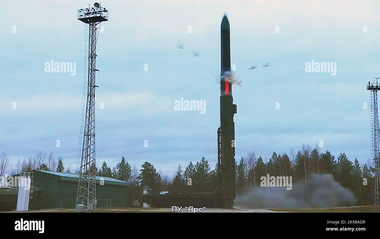 A Yars intercontinental ballistic missile is test-fired as part of Russia's nuclear drills from a launch site on October 26, 2022, in Plesetsk, northwestern Russia. The Kremlin said in a statement that President of Russia, Supreme Commander-in-Chief of the Armed Forces, Vladimir Putin monitored a military exercise of the ground, naval, and air components of the Strategic Deterrence Forces, which included practice launches of ballistic and cruise missiles, which all reached their designated targets. A still image grabbed from a video provided by Russian Defense Ministry Press Office/UPI Stock Photo