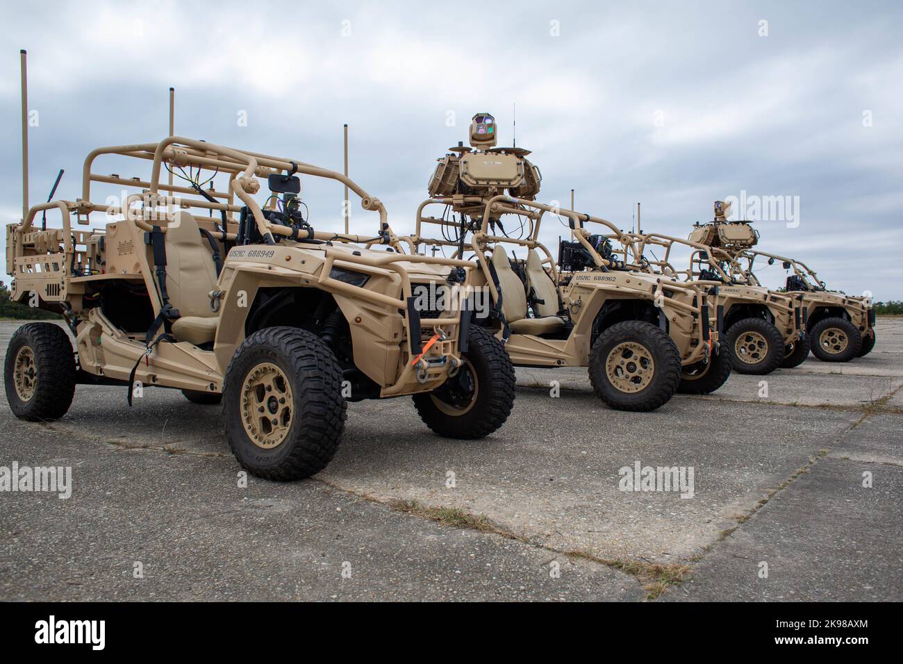 U.S. Marine Corps Light Marine Air Defense Integrated Systems, or L-MADIS, assigned to 2nd Low Altitude Air Defense Battalion (LAAD), are staged in a line at Marine Corps Outlying Landing Field Atlantic, North Carolina, Oct. 18, 2022. The L-MADIS is an electronic-attack system that counters unmanned-aircraft system by nonkinetic capabilities to destroy or negate aerial threats. 2nd LAAD is a subordinate unit of 2nd Marine Aircraft Wing, the aviation combat element of II Marine Expeditionary Force. (U.S. Marine Corps photo by Sgt. Servante R. Coba) Stock Photo