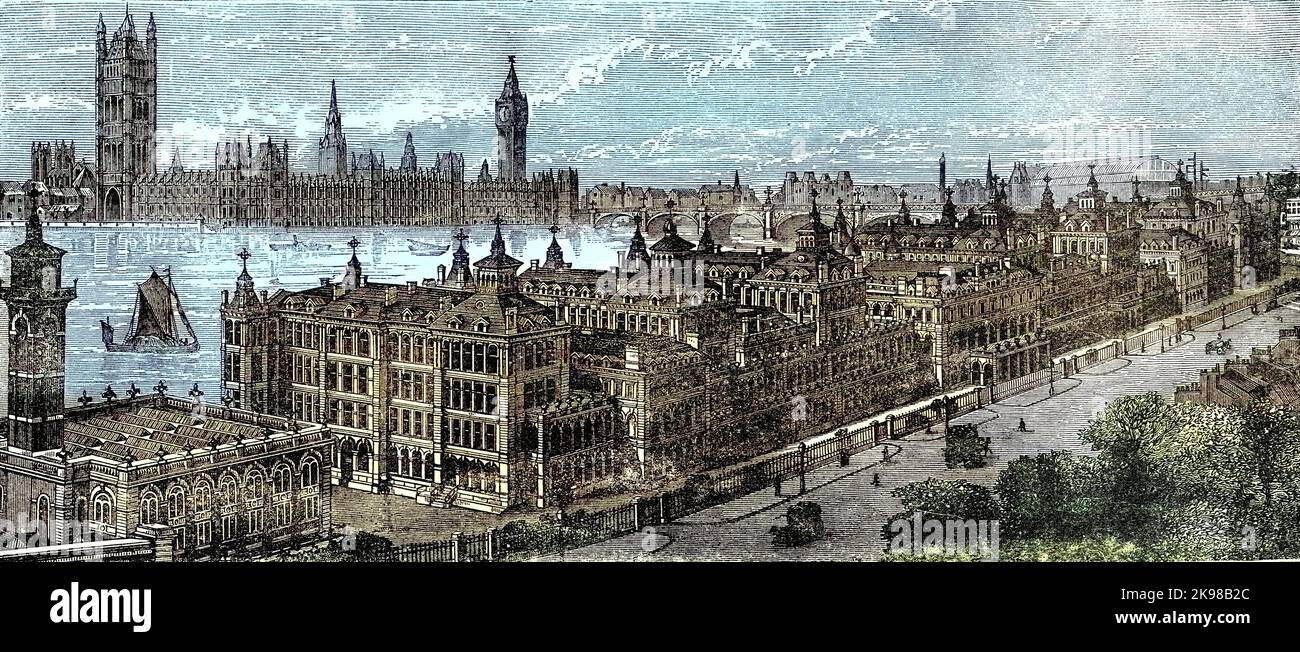 St Thomas's Hospital and Houses of Parliament 19th century London Stock Photo