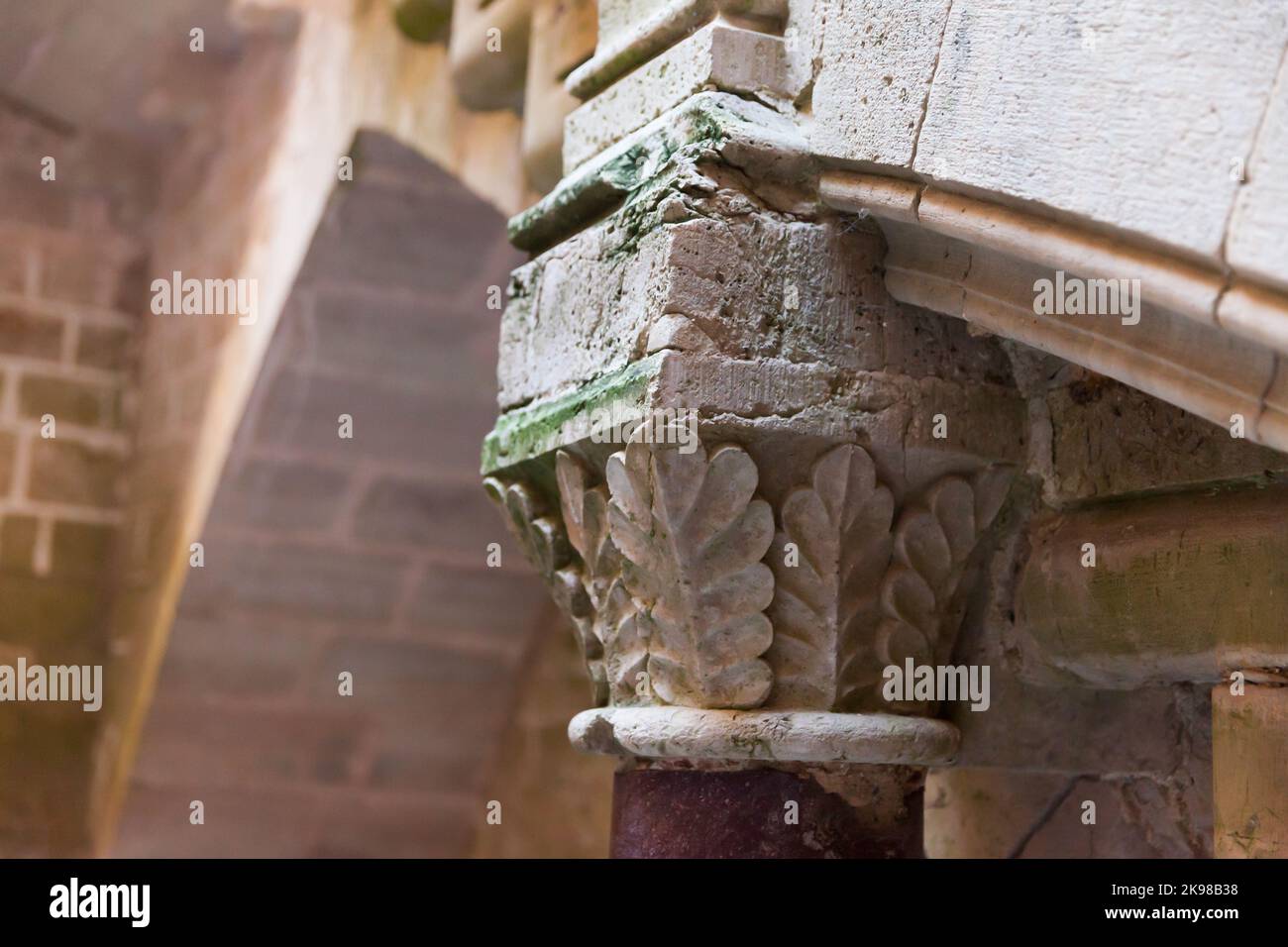 Closeup of column capital in Monastery of Santes Creus Stock Photo