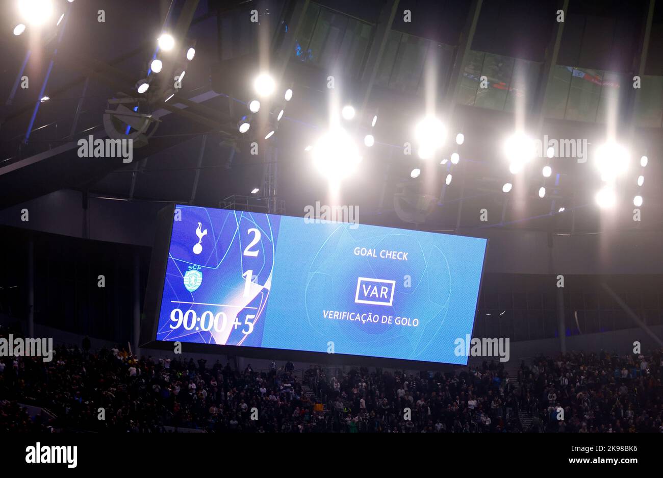 A general view of the big screen as VAR checks a goal scored by ...