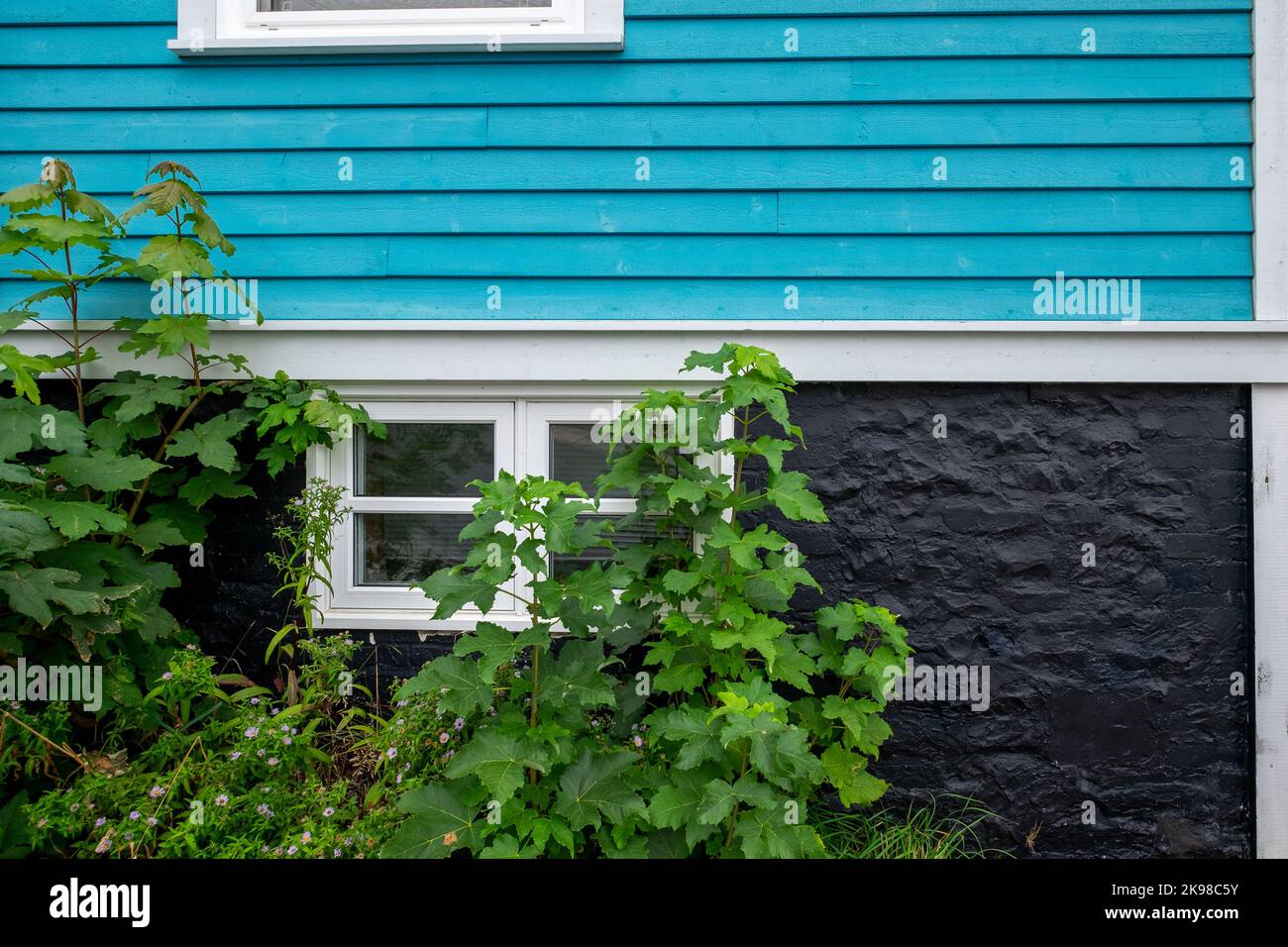 The exterior wall of a vibrant blue wooden house with clapboard. There's a small glass window in the wall. The bottom section of the building is made Stock Photo