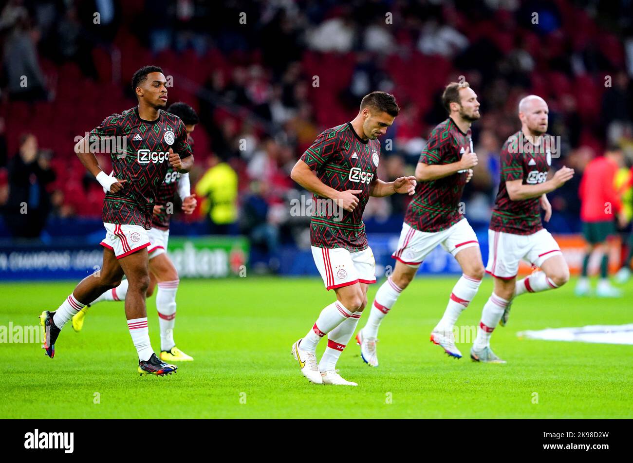 Ajax players warm up ahead of the UEFA Champions League group A match at the Johan Cruyff Arena in Amsterdam, Netherlands. Picture date: Wednesday October 26, 2022. Stock Photo