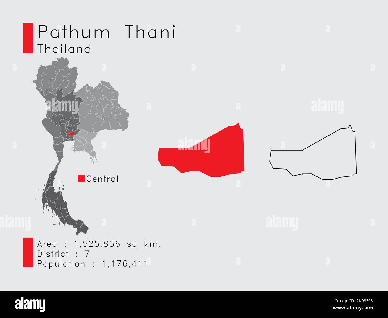 A Set of Infographic Elements for the Province Pathum Thani Position in Thailand. and Area District Population and Outline. Vector with Gray Backgroun Stock Vector