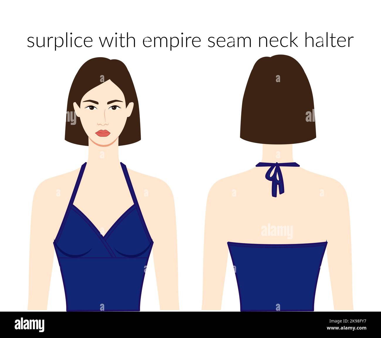 Surplice with empire seam neckline halter clothes character beautiful lady in blue top, shirt, dress technical fashion illustration. Flat apparel template front, back. Women, men unisex CAD mockup Stock Vector