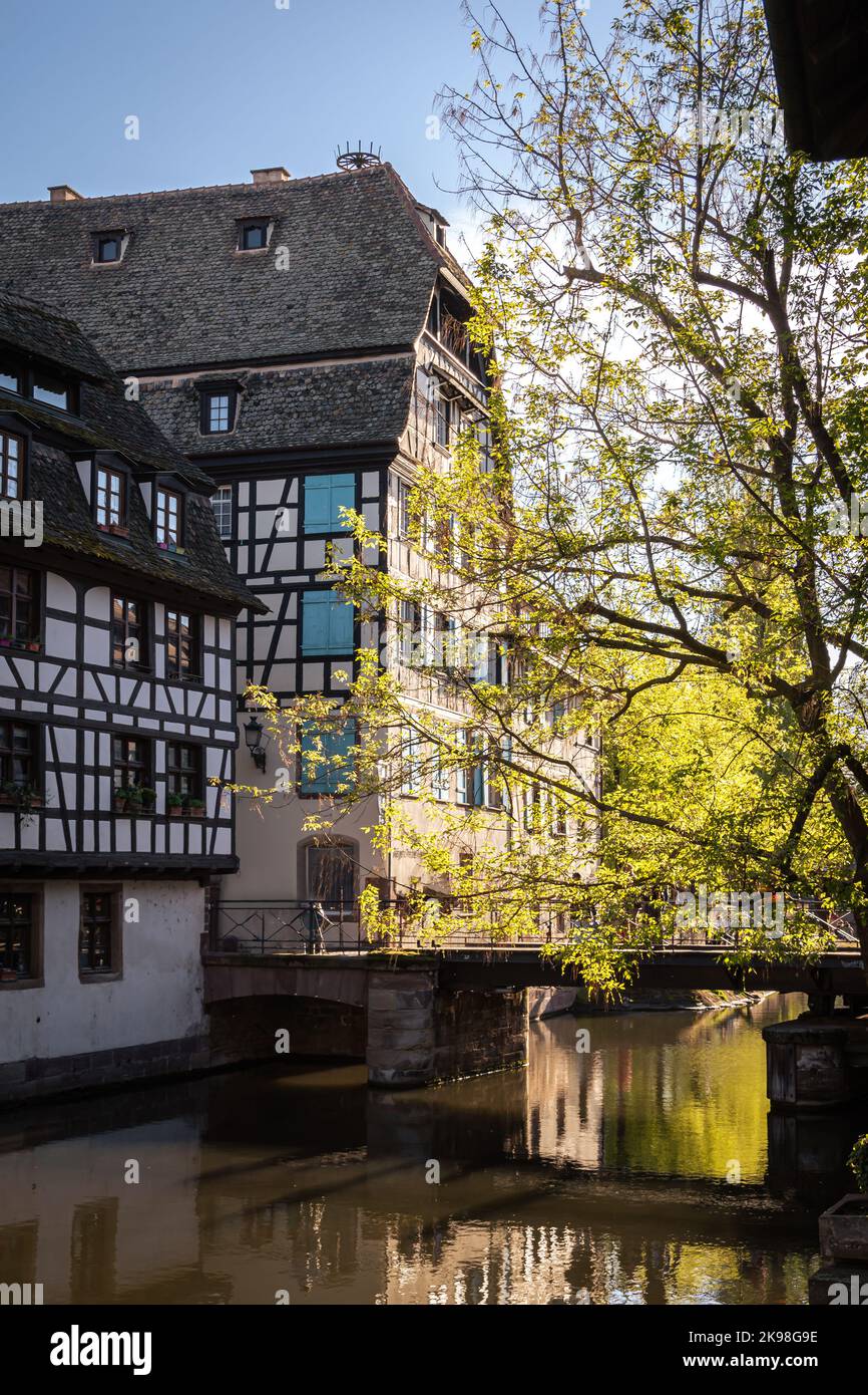 Traditional old alsatian houses from Pont st. Martin on a canal in Petit Venice (Small Venice) in Stasbourg in Alsace in the department of Haut-Rhin o Stock Photo