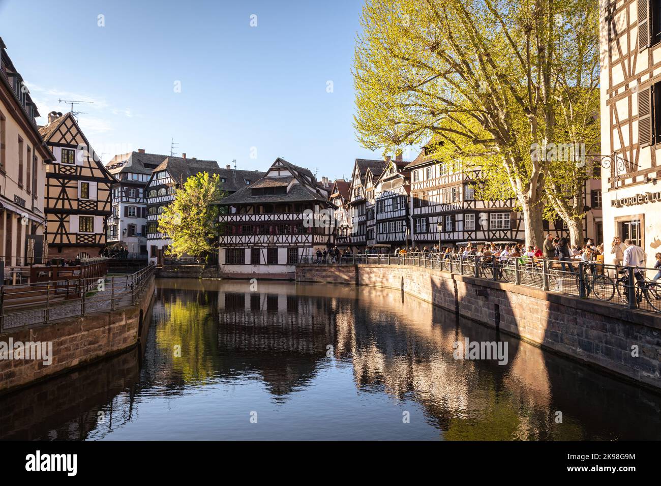 Traditional old alsatian houses from Pont st. Martin on a canal in Petit Venice (Small Venice) in Stasbourg in Alsace in the department of Haut-Rhin o Stock Photo