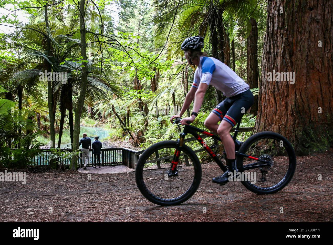 The Duke and Duchess of Sussex at the Redwood Memorial Grove, where they hear about the importance of mountain biking to the Rotorua and national econ Stock Photo