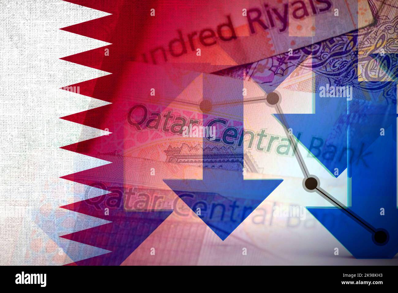 Economy Graph - Down Arrows, Qatari Flag and Qatari Riyal Cash ...