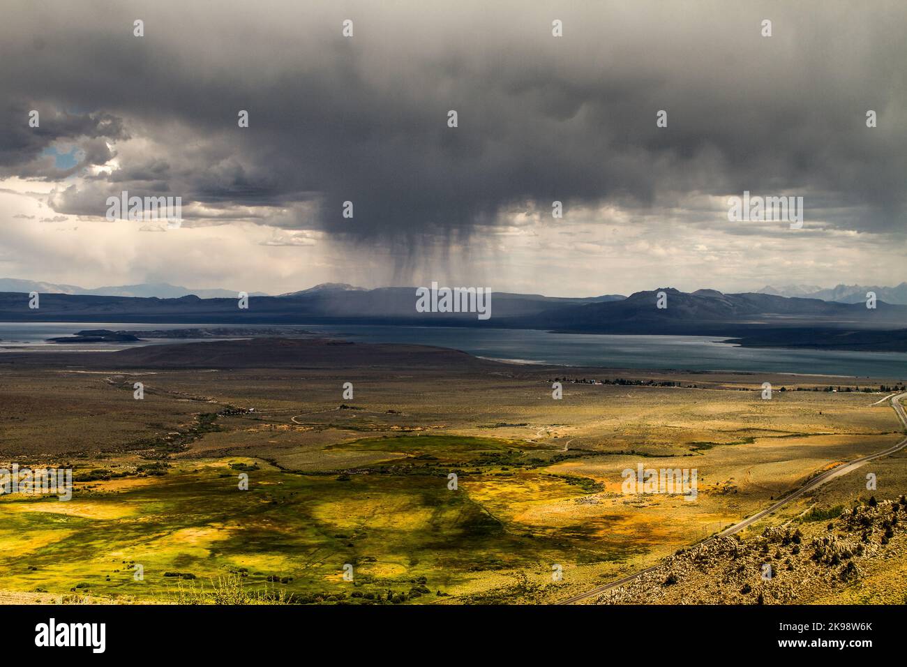 Rain storm over Mono Lake on the eastern side of the Sierra Nevada Mountains of California, USA Stock Photo