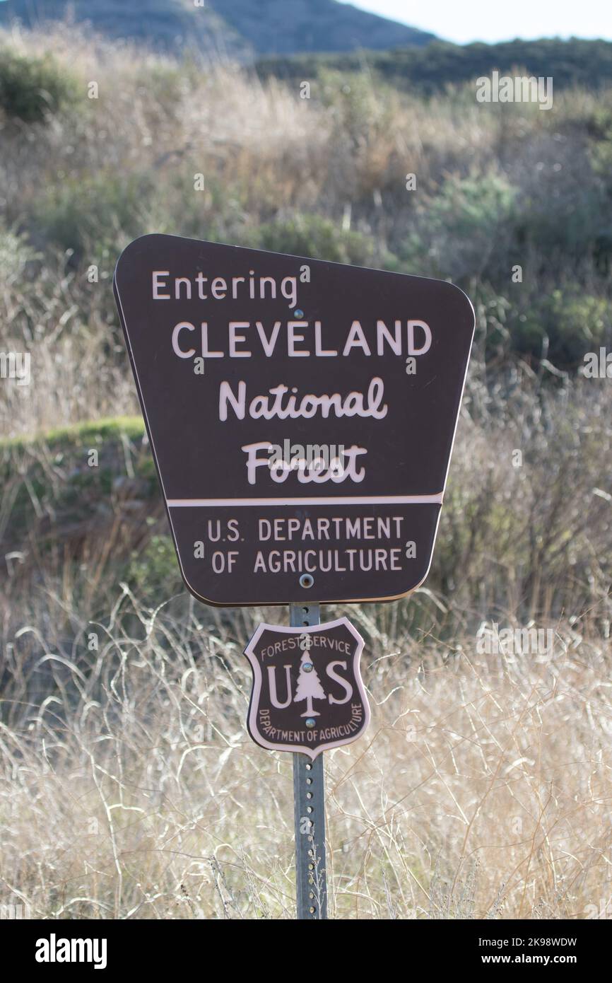 Trail sign Entering the Cleveland National forest on the harding truck trail in Orange County, California ; USA Stock Photo