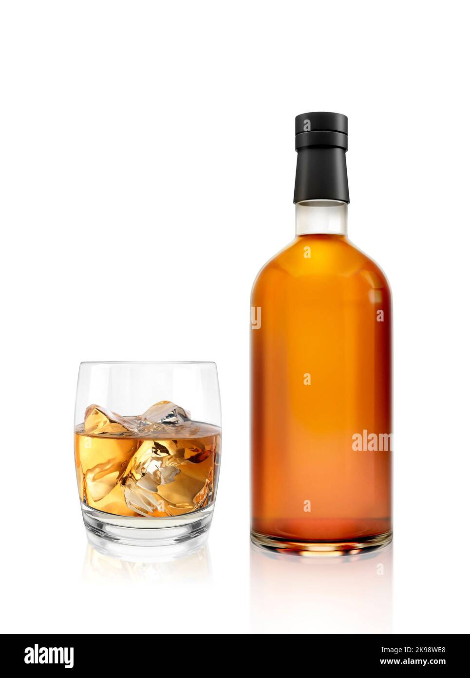 Realistic whiskey glass and bottle. Traditional alcohol drink bottles