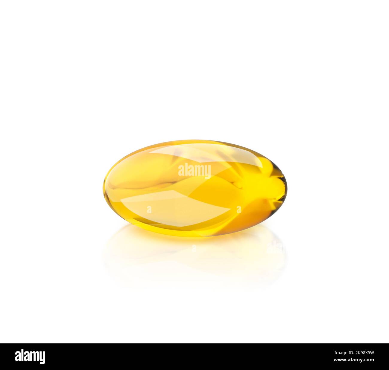 Golden oil capsule of vitamin A, E, Omega 3 or collagen. Vector realistic mockup of medical pill with fish fat or organic cosmetic oil. Clear yellow t Stock Photo