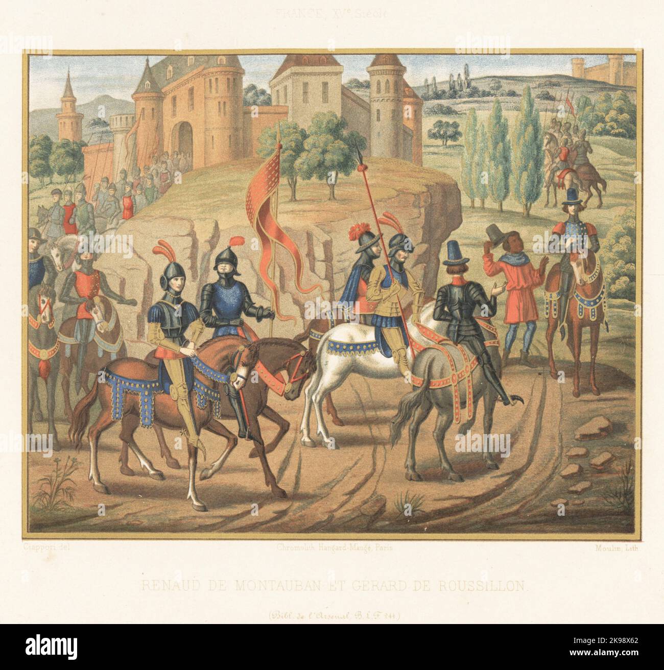 Renaud de Montauban and his family in a cavalcade meeting the knight Gerard de Roussillon. Gerard talks to a Black servant on the road in front of a fortress. France, 15th century. Taken from a manuscript romance, Folio 71, Tome IV, MS BLF 244, Bibliotheque de l'Arsenal. Chromolithograph by Moulin after an illustration by Claudius Joseph Ciappori from Charles Louandre’s Les Arts Somptuaires, The Sumptuary Arts, Hangard-Mauge, Paris, 1858. Stock Photo