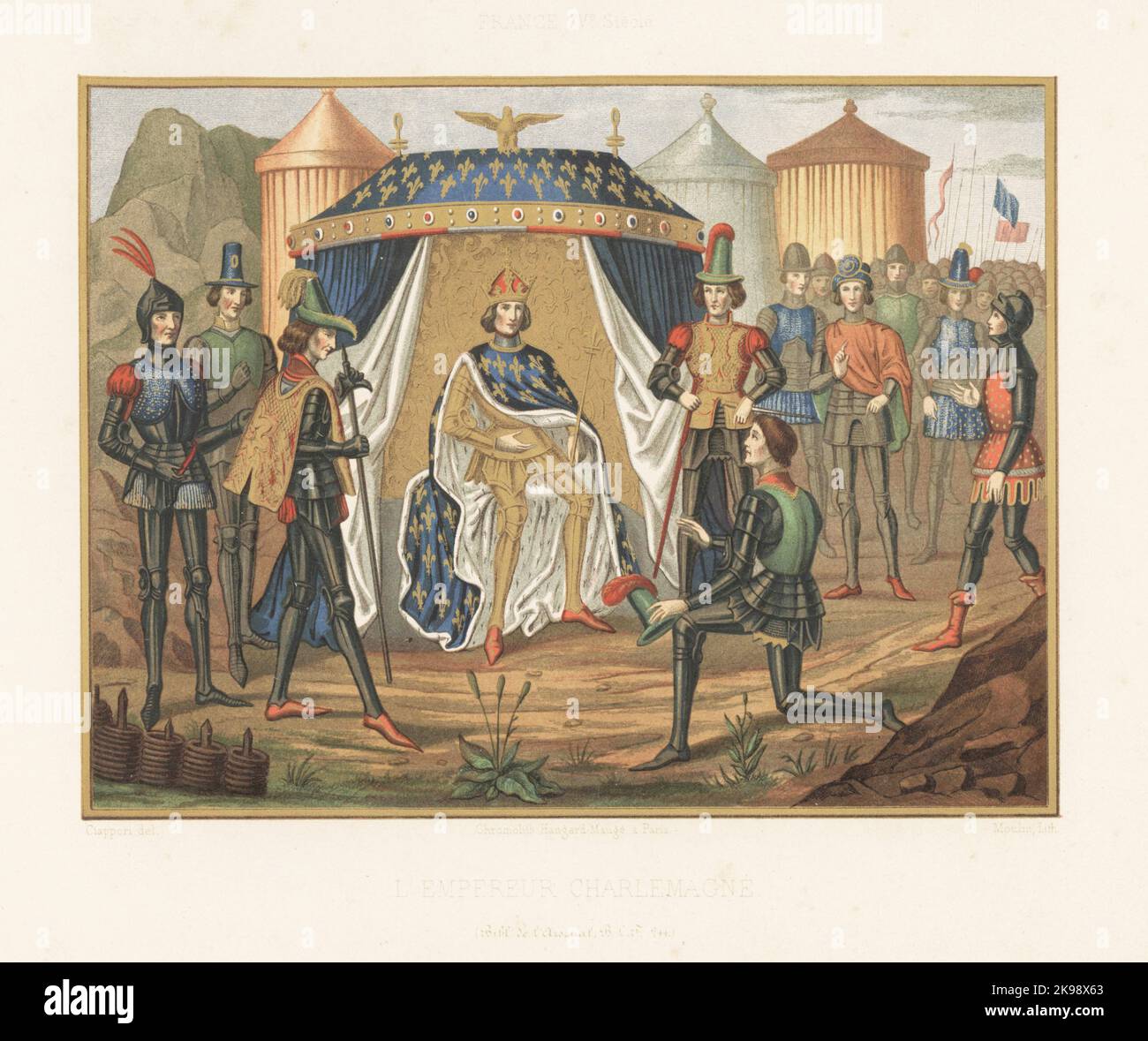 Emperor Charlemagne in gold plate armour and ermine mantle seated in a military tent. His devoted servant Maulgis kneels before him. The fleurs-de-lys pattern is an anachronism. France, XVe siecle. From a manuscript romance, Folio 359, Tome 1, MS BLF 244, Bibliotheque de l'Arsenal. Chromolithograph by Moulin  after an illustration by Claudius Joseph Ciappori from Charles Louandre’s Les Arts Somptuaires, The Sumptuary Arts, Hangard-Mauge, Paris, 1858. Stock Photo