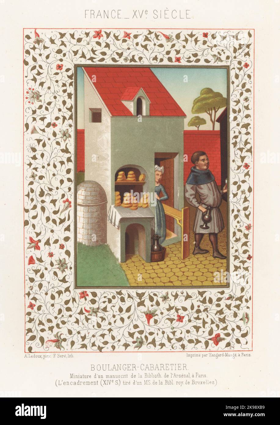 Florentine innkeeper Gerin, famed for his selection of wines, at his bakery-bar or Boulanger-Cabaretier, France, XVe siecle. Miniature from a MS of Giovanni Boccaccio's De Mulieribus Claris in the Bibliotheque de l'Arsenal. Decorative floral frame (14thC) from a MS in the Bibliotheque royale de Bruxelles. Chromolithograph by Ferdinand Sere after an illustration by A. Ledoux from Charles Louandre’s Les Arts Somptuaires, The Sumptuary Arts, Hangard-Mauge, Paris, 1858. Stock Photo