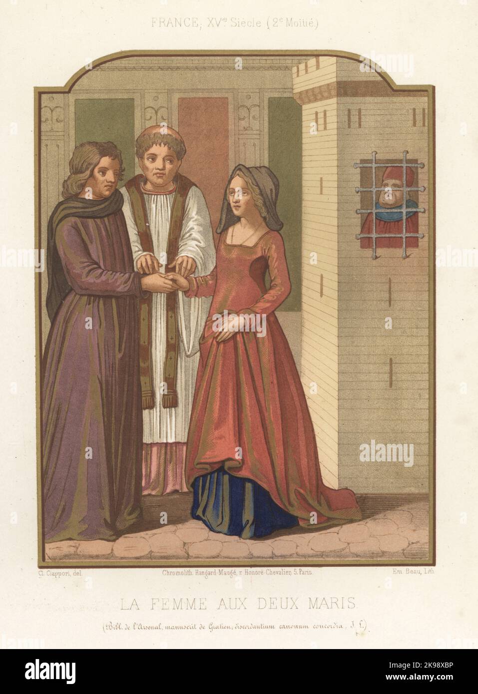 French marriage ceremony, 15th century. The bride's previous husband watches from a prison cell. La femme aux deux maris. From a miniature in Gratian's Decretum manuscript, MS JL4, Bibliotheque de l'Arsenal. Chromolithograph by Emile Beau after an illustration by Claudius Joseph Ciappori from Charles Louandre’s Les Arts Somptuaires, The Sumptuary Arts, Hangard-Mauge, Paris, 1858. Stock Photo
