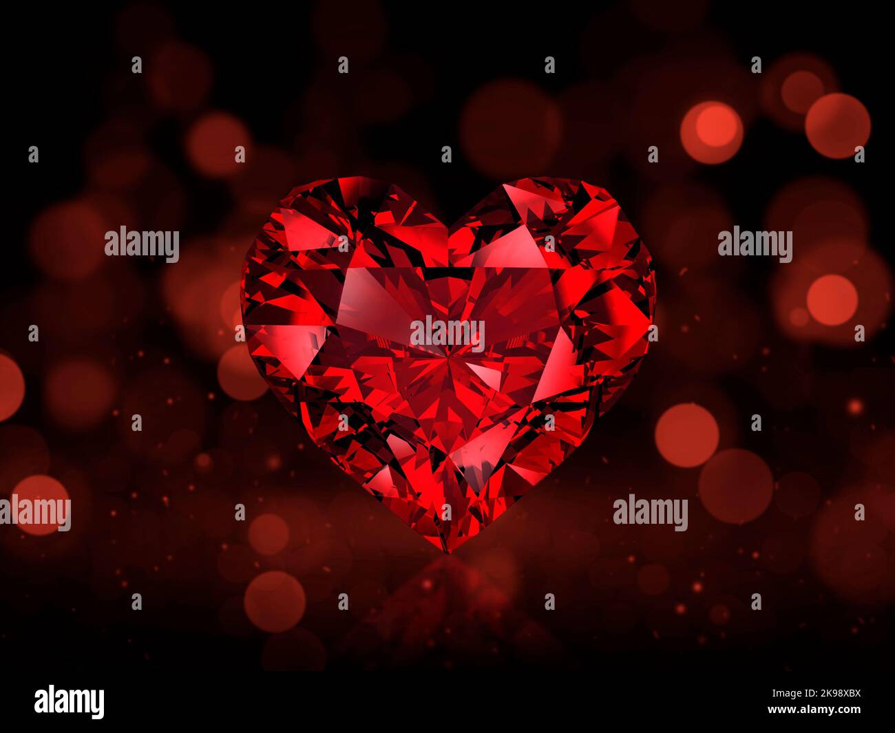 Red heart shaped diamond on red abstract bokeh background. 3d render Stock Photo