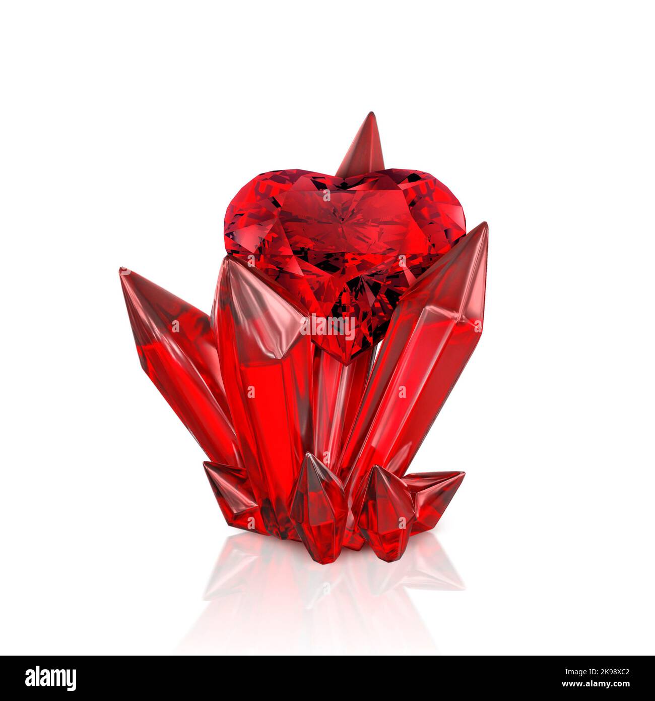 Red heart shaped diamond, on emerald red crystal isolated on white