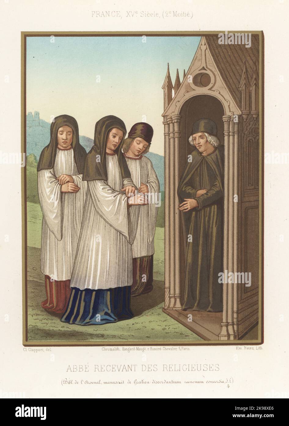 Three nuns visit an abbot, France, 15th century. The nuns in veils and habits, the abbot standing in a gothic gabled porch. Abbe recevant des religieuses. France, XVe siecle. From Gratian's Decretum manuscript, MS JL4, Bibliotheque de l'Arsenal. Chromolithograph by Emile Beau after an illustration by Claudius Joseph Ciappori from Charles Louandre’s Les Arts Somptuaires, The Sumptuary Arts, Hangard-Mauge, Paris, 1858. Stock Photo