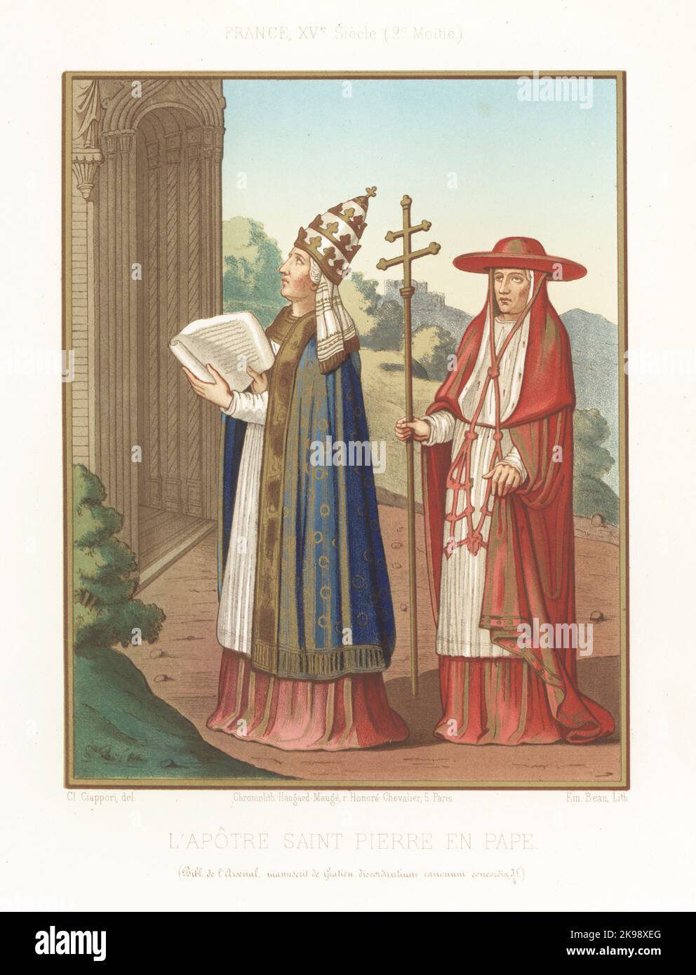 Saint Peter in the costume of a 15th century pope. In triregnum crown holding a bible, cardinal in scarlet habit and zucchetto holding a papal cross with two crossbars [sic]. L'Apotre Saint Pierre en Pape. France, XVe siecle. Taken from Gratian's Decretum, MS JL4, Bibliotheque de l'Arsenal. Chromolithograph by Emile Beau after an illustration by Claudius Joseph Ciappori from Charles Louandre’s Les Arts Somptuaires, The Sumptuary Arts, Hangard-Mauge, Paris, 1858. Stock Photo