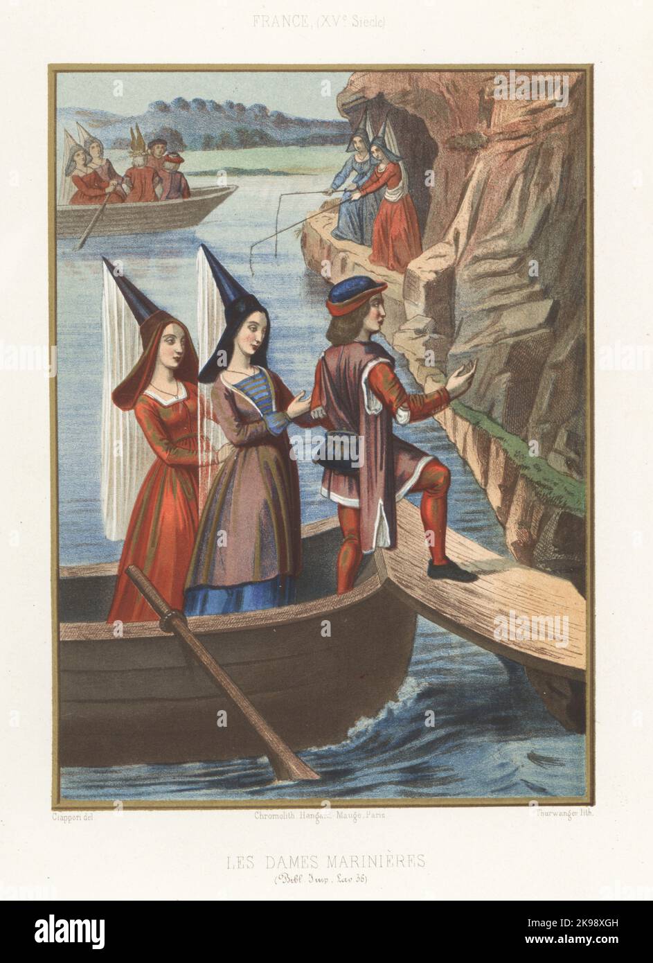Two ferry women bring Cuer d'Amour to shore, 15th century. Other women in hennin hats row boats and fish. Les Dames Marinieres. France, XVe siecle. From Rene d'Anjou's Roman de tres-douce Mercy au Cuer d'amour epris, 1457, Bibliotheque Imperiale, Fonds de la Valliere MS 36. Chromolithograph by  Thurwanger after an illustration by Claudius Joseph Ciappori from Charles Louandre’s Les Arts Somptuaires, The Sumptuary Arts, Hangard-Mauge, Paris, 1858. Stock Photo