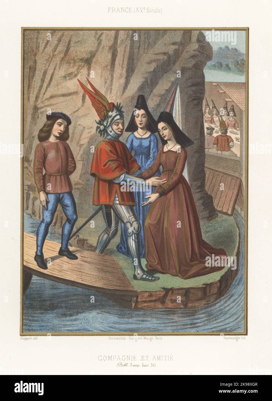 The knight Cuer d'Amour arrives at the land of Compagnie, 15th century. He wears a winged helmet adorned with flowers, red tunic and plate armour. He dines with ferry women in hennin hats. Compagnie et Amitie. France, XVe siecle. From Rene d'Anjou's Roman de tres-douce Mercy au Cuer d'amour epris, 1457, Bibliotheque Imperiale, Fonds de la Valliere MS 36. Chromolithograph by Thurwanger after an illustration by Claudius Joseph Ciappori from Charles Louandre’s Les Arts Somptuaires, The Sumptuary Arts, Hangard-Mauge, Paris, 1858. Stock Photo