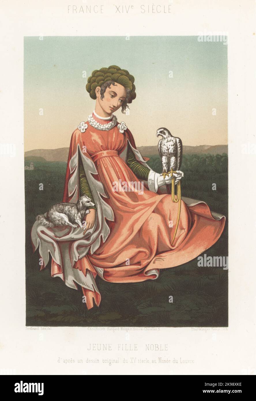 Young noble woman, France, 15th century. With lap dog and falcon. In gown with long slashed sleeves called angel sleeves or manches a l'ange. From an original dessin in the Louvre by an unknown artist. Jeune fille noble, France, XVe siecle. Chromolithograph by the Thurwanger brothers after an illustration by Ferdinand Sere from Charles Louandre’s Les Arts Somptuaires, The Sumptuary Arts, Hangard-Mauge, Paris, 1858. Stock Photo