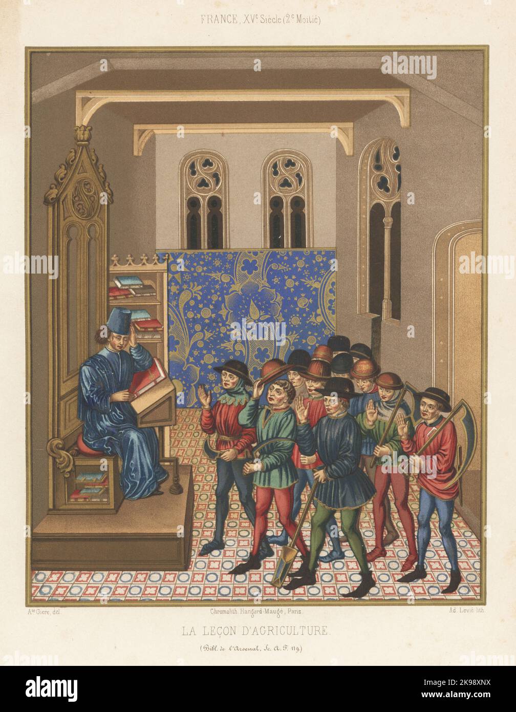 Pietro de Crescenzi lecturing on agriculture, 15th century. The audience of gardeners, loggers, harvesters, hold adzes, scythes, sickles. La Lecon d'Agriculture. France, XVe siecle. From Pierre de Crescens' manuscript Livre des profits chempetres, Sc. A. F. 119 (5064), Folio 1r, Bibliotheque de l'Arsenal. Chromolithograph by Ad. Levie after an illustration by A. Giere from Charles Louandre’s Les Arts Somptuaires, The Sumptuary Arts, Hangard-Mauge, Paris, 1858. Stock Photo