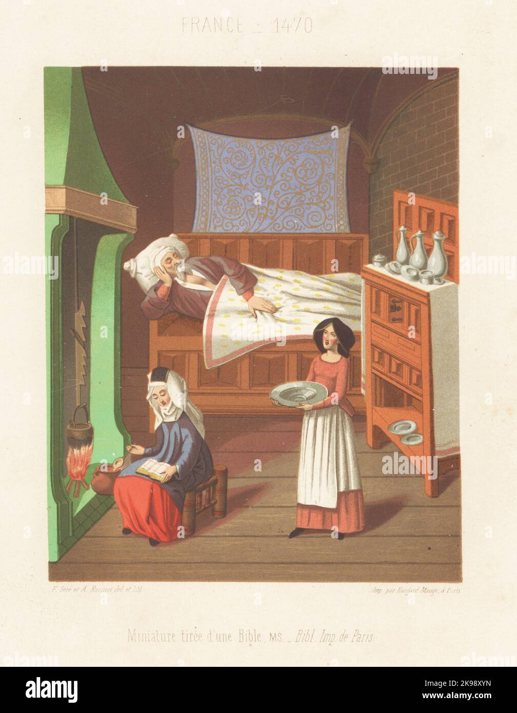 French room interior with furniture, 15th century. A woman stirs a pot at the hearth, a man lies in a bed by the window, and a maid brings a platter from the dresser. Miniature from a manuscript Bible, 1470, Bibliotheque Imperiale de Paris. Chromolithograph by Ferdinand Sere and Auguste Racinet from Charles Louandre’s Les Arts Somptuaires, The Sumptuary Arts, Hangard-Mauge, Paris, 1858. Stock Photo