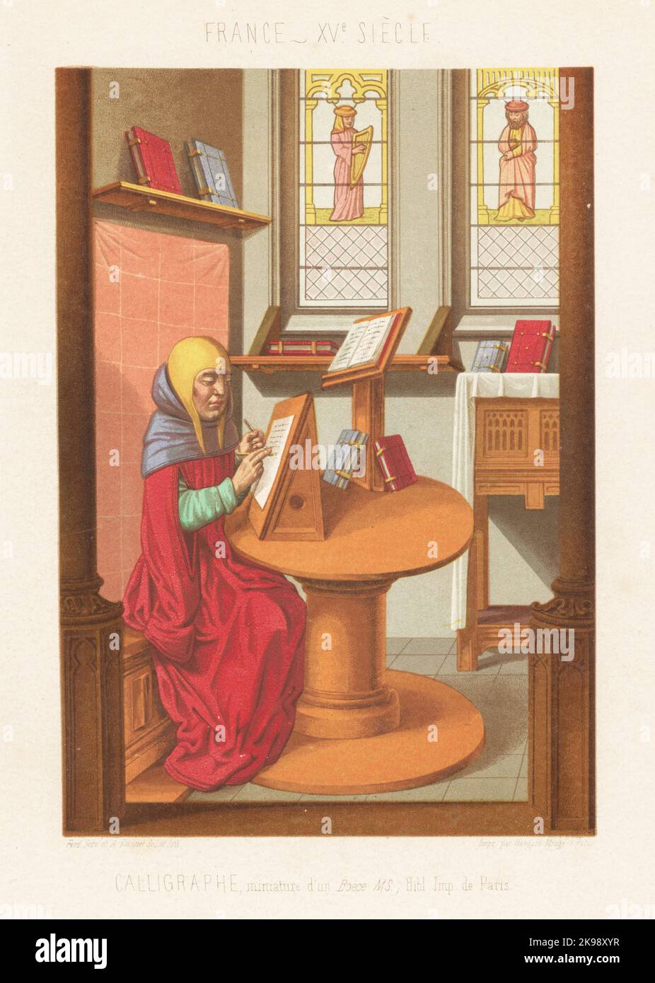 A calligrapher transcribing a manuscript book in his study, France, 15th century. He writes at a lectern in a room with leather-bound books, stained-glass windows. From a manuscript of Boethius's De consolatione philosophiae, MS 6643, Ancien Fonds Latin, Bibliotheque Imperiale. Chromolithograph by Ferdinand Sere and Auguste Racinet from Charles Louandre’s Les Arts Somptuaires, The Sumptuary Arts, Hangard-Mauge, Paris, 1858. Stock Photo