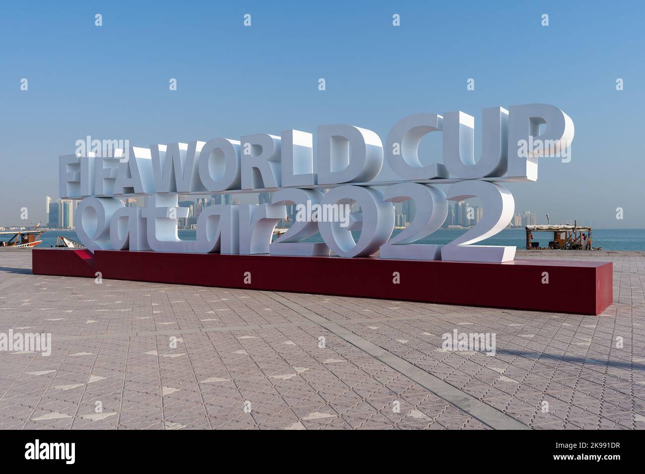 Word sculpture FIFA World Cup Qatar 2022 located in Doha corniche, Qatar. Stock Photo