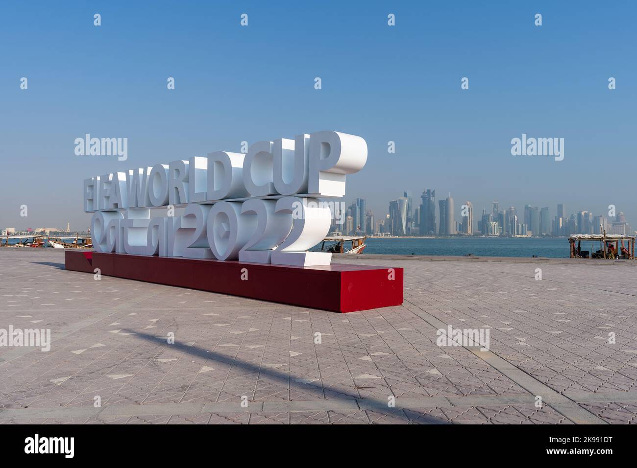 Word sculpture FIFA World Cup Qatar 2022 located in Doha corniche, Qatar. Stock Photo