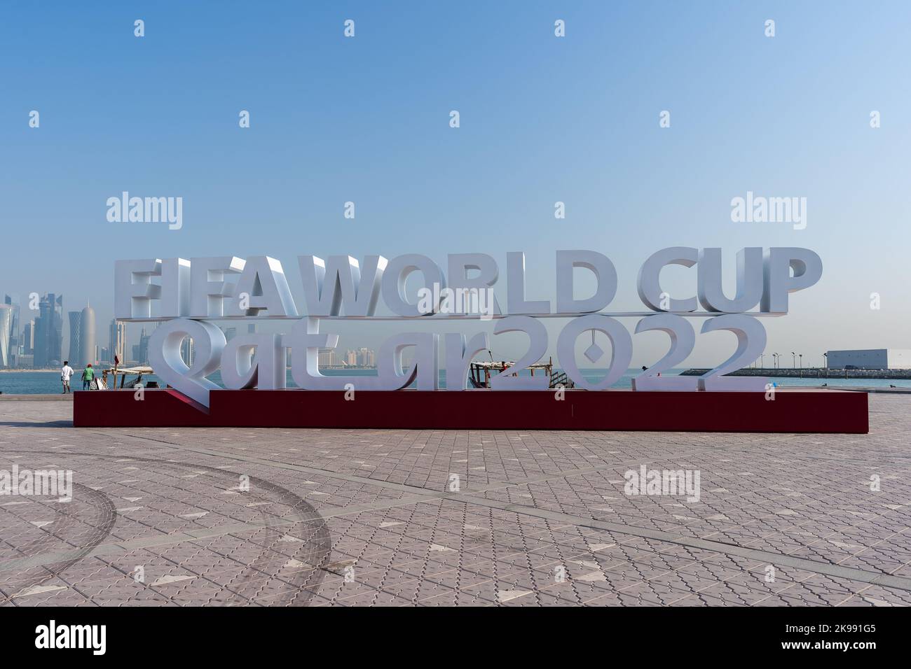 Word sculpture FIFA World Cup Qatar 2022 located in Doha corniche, Qatar. Stock Photo