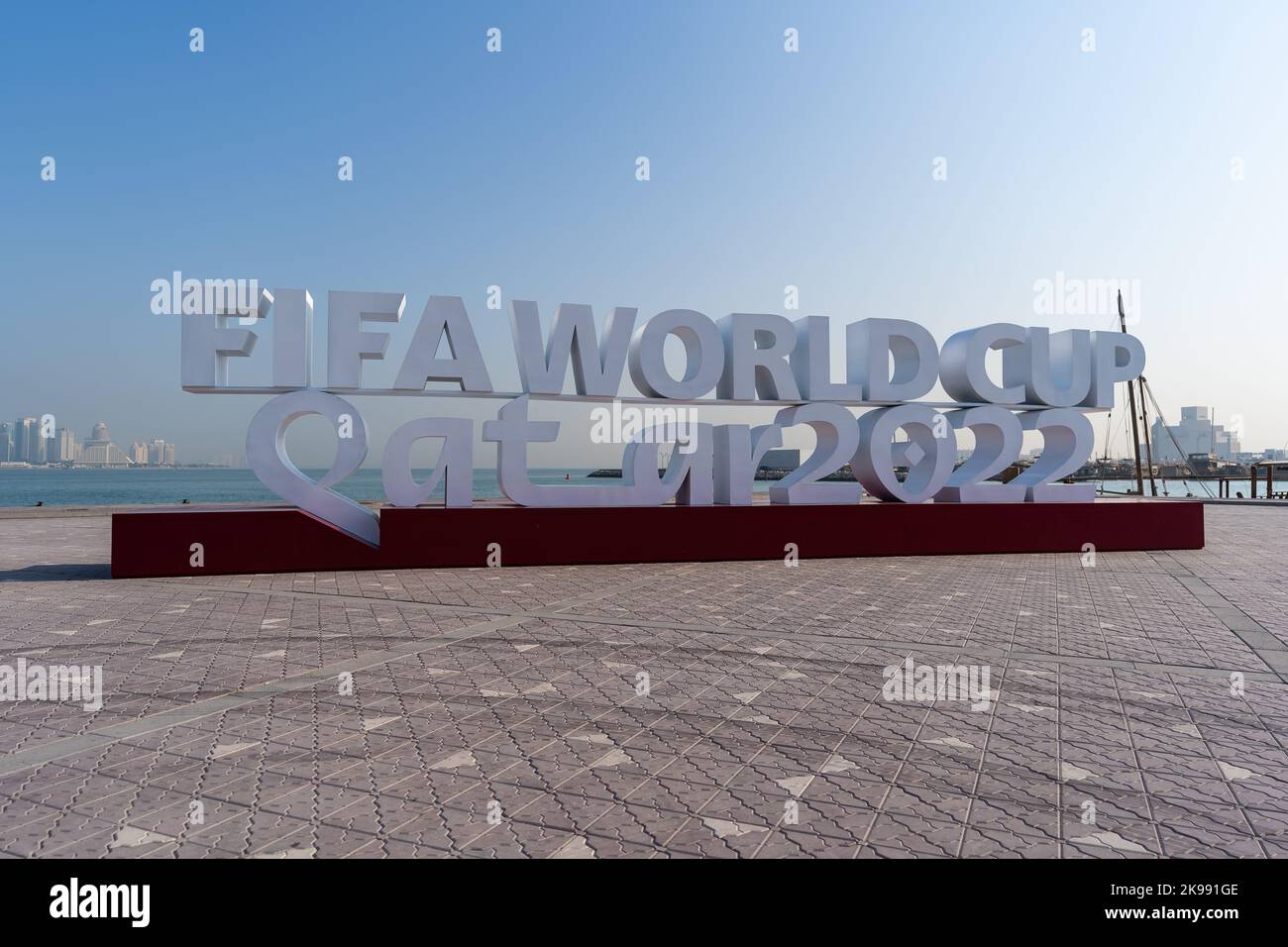 Word sculpture FIFA World Cup Qatar 2022 located in Doha corniche, Qatar. Stock Photo