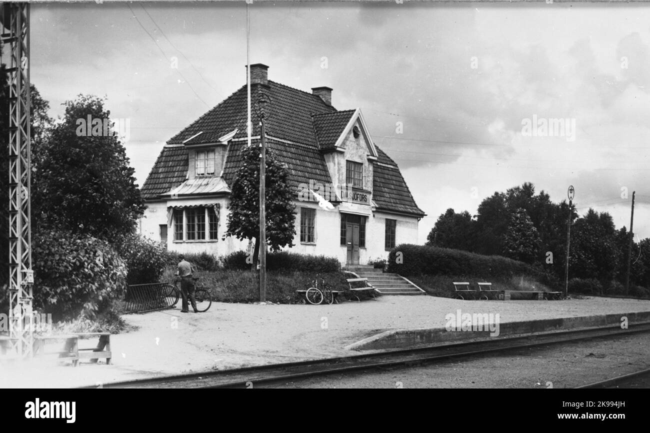 The railway station in Dalsjöfors, built by Borås - Ulricehamn Railway 1917. The station house was demolished and replaced with a bus shed in 1982. Stock Photo