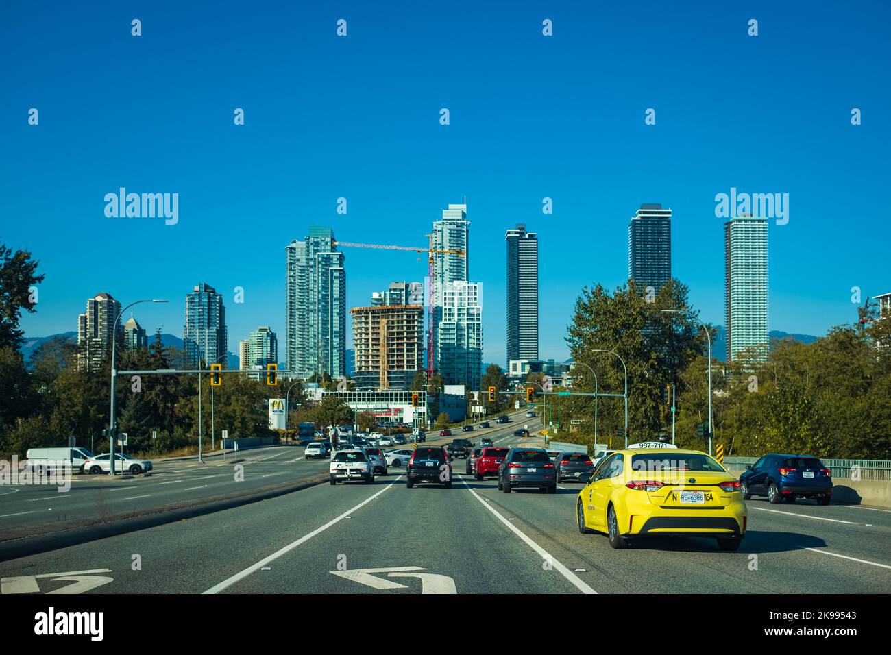 Burnaby Highway No.1, Canada Way, British Columbia, Canada. Brentwood town center area, modern apartment condos buildings-Travel photo, street view-Oc Stock Photo
