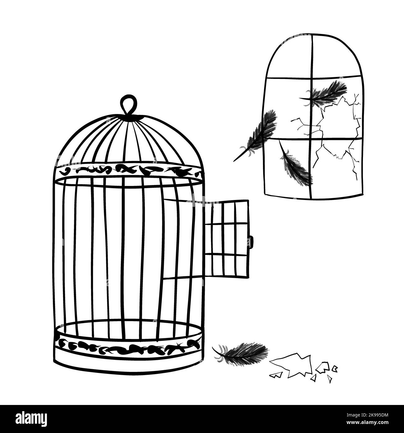 Hand drawn illustration of cage with open door feathers broken window. Freedom free concept, enslavement captivity. Black line ink sketch Stock Photo