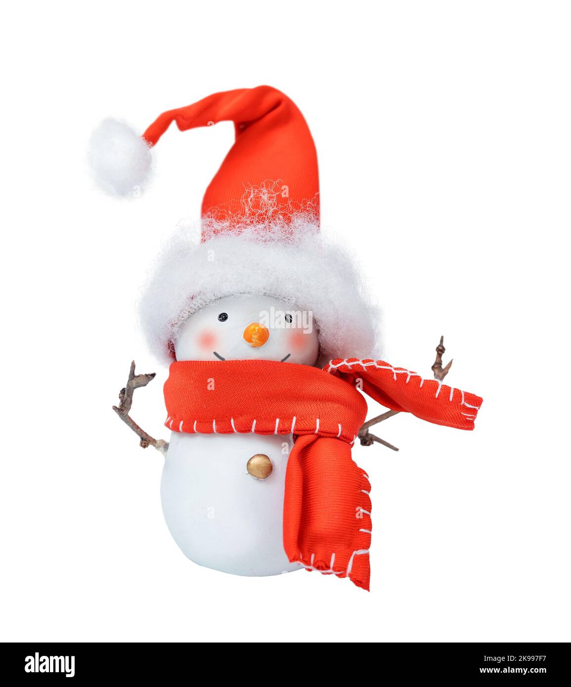 Cute snowman in hat and scarf isolated on white background Stock Photo