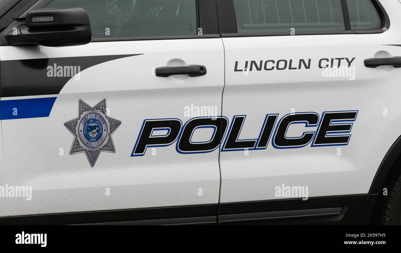 Lincoln City, OR, USA - September 15, 2022; Detail of Lincoln City Police Car with badge and logo on the Oregon Coast Stock Photo