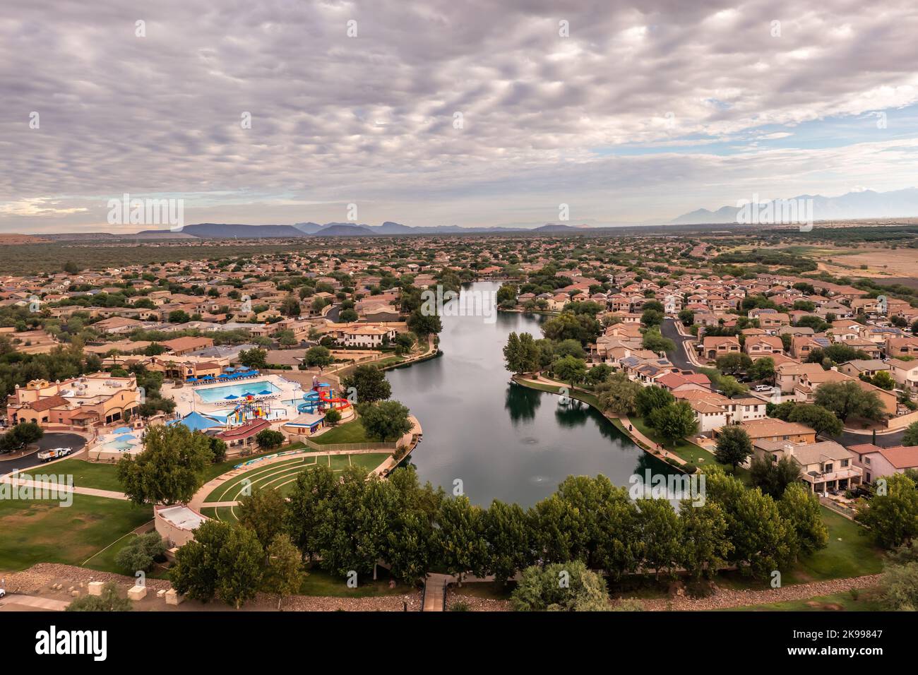 Drone view of Rancho Sahuarita and Sahuarita Lake in Arizona Stock