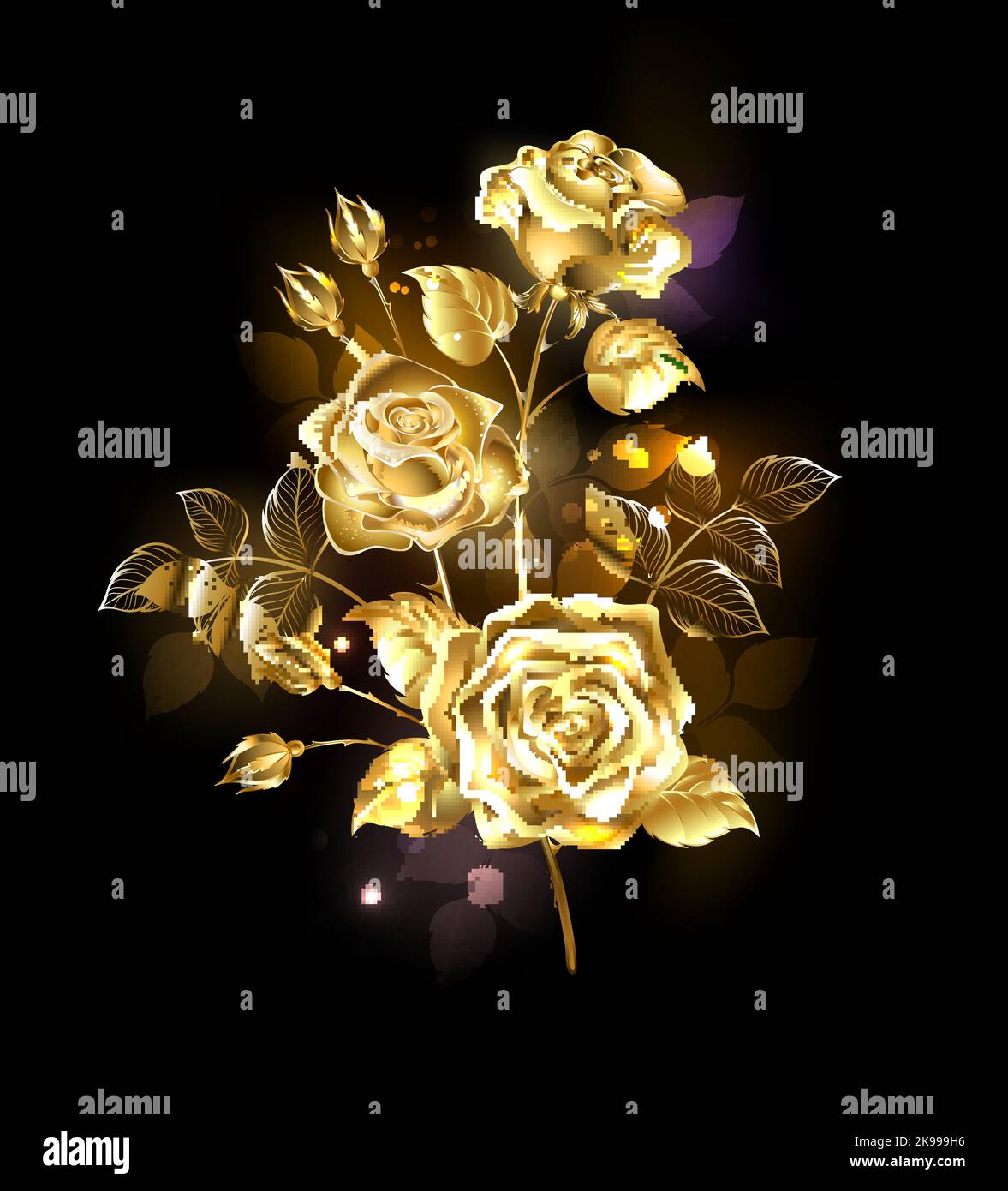 Branch of artistically painted gold, jewelry roses with golden leaves and gilded buds on black, glowing background. Gold rose. Stock Vector