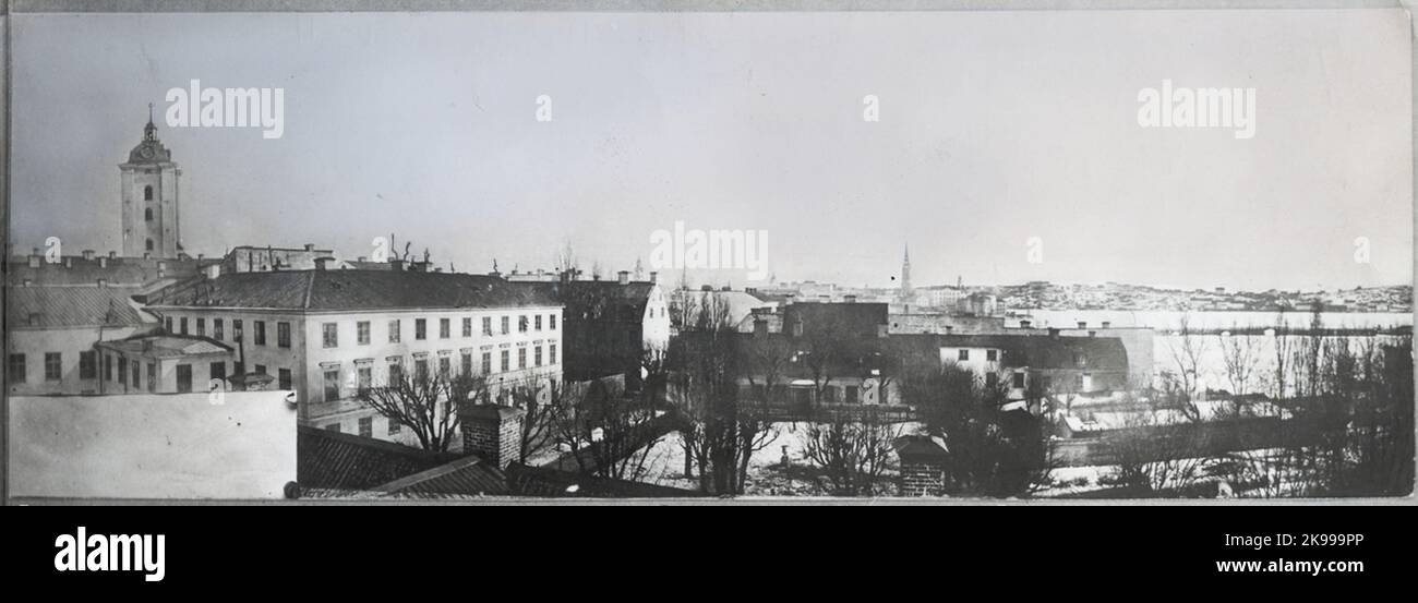 Panorama over the southwestern part of Klara parish. In the foreground t.v. Klara church and Kirstein House on Klara Strandgata (Vasagatan) with associated garden. The low houses on the Panorama right half were demolished in the 1860s to leave room for the Central Station, which now rises there. Stock Photo
