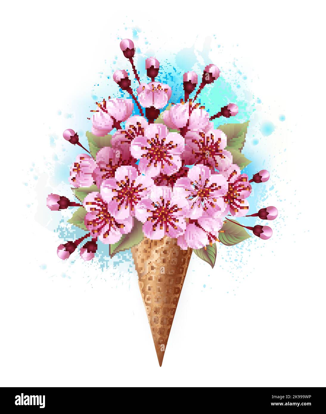 Sweet waffle cone with fresh, pink Japanese cherry blossoms on white background with blue watercolor streaks. Pink Japanese cherry. Stock Vector